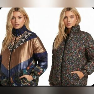 NWT FARM Rio Reversible Puffer Jacket Coat Copper Gold Metallic Floral Oversized
